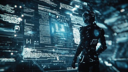 Poster - A digital humanoid robot interacting with AI text, set in a futuristic circuit network, representing technological advancement and AI innovation