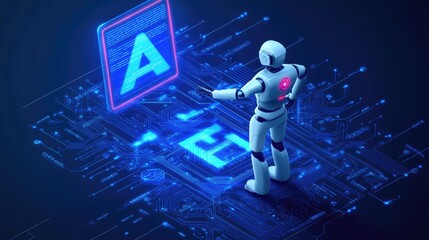 Poster - A digital humanoid robot interacting with AI text, set in a futuristic circuit network, representing technological advancement and AI innovation
