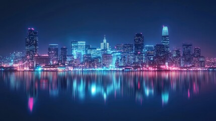 Poster - A digital network of glowing connections illuminating the San Francisco skyline at night, showcasing the impact of global tech and data flow