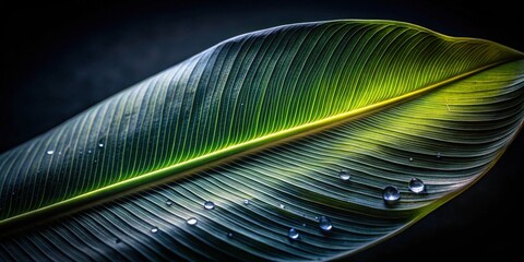 Poster - Illuminated Leaf with Dewdrops A Close-Up Study of Natural Texture and Light