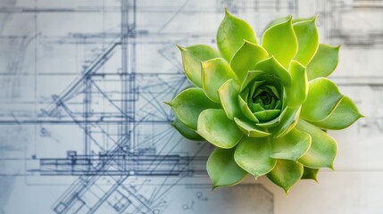 Aufkleber - A fresh green succulent flower against a backdrop of architectural blueprints, blending the concepts of growth, nature, and modern design.