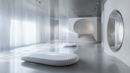 Poster - A futuristic, empty room featuring transparent tubes and a minimalist design, showcasing modern architecture and interior decor in a 3D rendering.