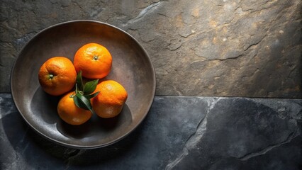 Poster - Sunlit citrus fruits in a dark bowl on a stone surface