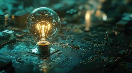 Poster - A futuristic image of a lightbulb glowing on a circuit board, representing new ideas, innovation, and technological progress.