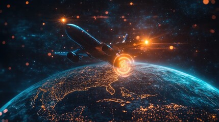 Poster - A futuristic image of an airplane flying over a digital globe, with a glowing geolocation icon symbolizing international travel.