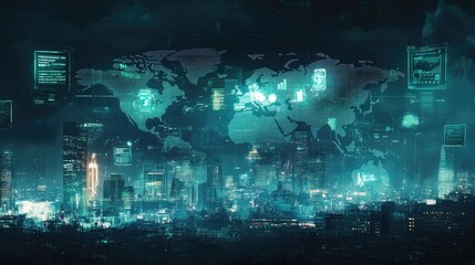 Poster - A futuristic world map with currency symbols overlayed on a city skyline, representing the interconnectedness of global finance, markets, and international trade