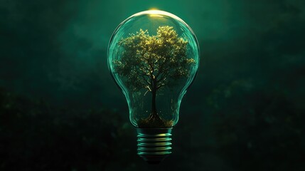 Poster - A glowing lightbulb with a tree inside, symbolizing the fusion of green energy and environmental protection for Earth Day.
