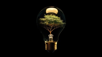 Poster - A glowing lightbulb with a tree inside, symbolizing the fusion of green energy and environmental protection for Earth Day.