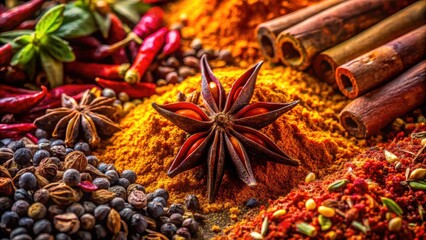 Aufkleber - Aromatic Spices and Herbs A Culinary Still Life Featuring Star Anise, Turmeric, Chili Peppers, and Cinnamon