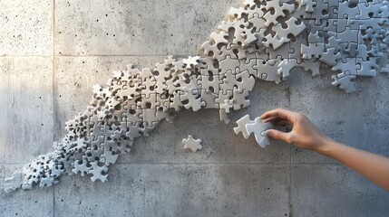 Poster - A hand placing puzzle pieces into place on a concrete wall, symbolizing collaboration and business achievements.