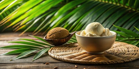 Poster - Creamy vanilla ice cream in a bowl, nestled on a woven placemat with tropical foliage