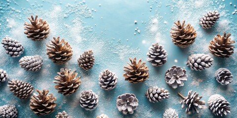 Poster - Winter Wonderland Festive Arrangement of Natural Pine Cones Decorated with Frost on a Powder Blue Background