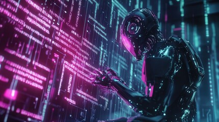Poster - A humanoid robot interacting with glowing AI text amidst a network of futuristic circuits, symbolizing the future of technology and artificial intelligence
