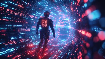 Poster - A humanoid robot interacting with glowing AI text amidst a network of futuristic circuits, symbolizing the future of technology and artificial intelligence