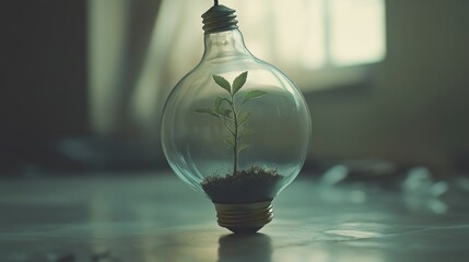 Poster - A lightbulb with a plant inside, reflecting the concept of sustainable energy and the need for environmental protection.