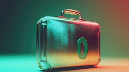 Poster - A metallic briefcase with cash bundles and a bold green 0 symbol placed on a gradient background, symbolizing savings, wealth, and financial success