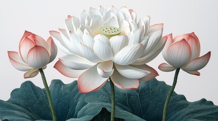 Wall Mural - Elegant white lotus flower with two buds and leaves.