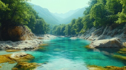 Wall Mural - Turquoise river flows through rocky gorge in forested mountains.