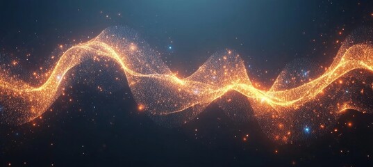 Wall Mural - Abstract Gold Wave Elegant Sparkles and Light Trails Flow Across a Dark Blue Background
