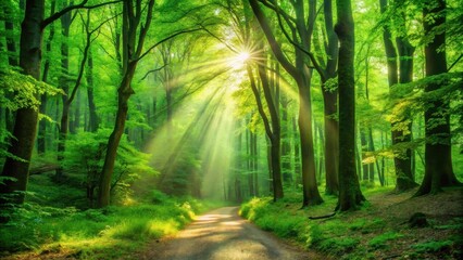 Poster - Sunbeams Illuminate a Path Through Lush Green Forest