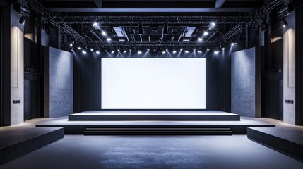 Poster - A modern exhibition hall with a large stage, blank white screens, and focused spotlights, creating a professional atmosphere for showcasing presentations