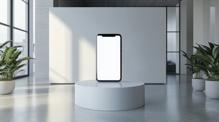 Poster - A modern exhibition stand showcasing a smartphone with a blank screen on a white podium, set in a sleek, minimal interior design space with contemporary aesthetics