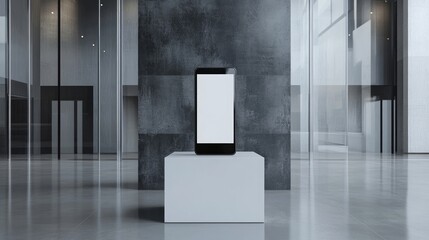 Poster - A modern exhibition stand showcasing a smartphone with a blank screen on a white podium, set in a sleek, minimal interior design space with contemporary aesthetics