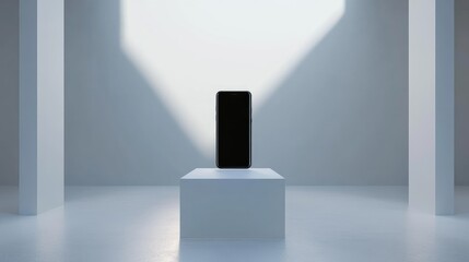 Poster - A modern smartphone displayed on a white podium under bright lighting in a minimalist exhibition space, perfect for showcasing technology products