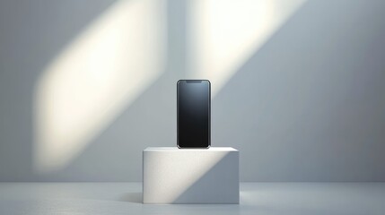 Poster - A modern smartphone on a white podium in a minimalist exhibition space, lit by bright lighting, ideal for product presentations and tech displays