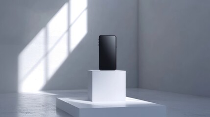 Poster - A modern smartphone on a white podium in a minimalist exhibition space, lit by bright lighting, ideal for product presentations and tech displays
