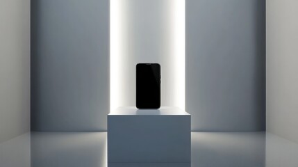 Poster - A modern smartphone on a white podium in a minimalist exhibition space, lit by bright lighting, ideal for product presentations and tech displays