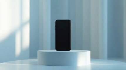 Poster - A modern smartphone on a white podium in a minimalist exhibition space, lit by bright lighting, ideal for product presentations and tech displays