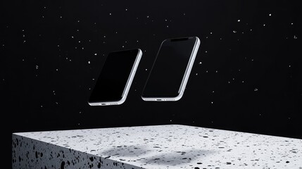 Poster - A modern tech mockup with two smartphones floating above a terrazzo surface, presented in clean design against a dark background for a high-tech look
