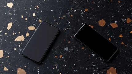 Poster - A modern tech mockup with two smartphones floating above a terrazzo surface, presented in clean design against a dark background for a high-tech look