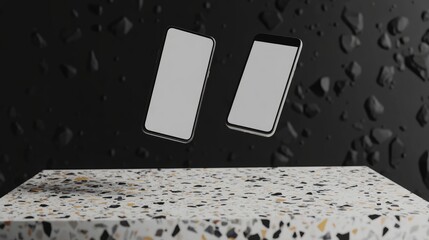 Poster - A modern tech mockup with two smartphones floating above a terrazzo surface, presented in clean design against a dark background for a high-tech look