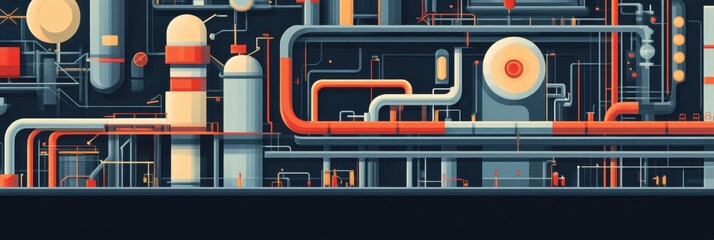 Aufkleber - Geometric industrial pattern showcasing oil tanks, pipes, and rigs in a modern mechanical layout. Generative AI