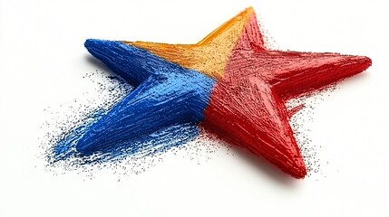 Abstract star, red, blue, yellow paint splash, textured.