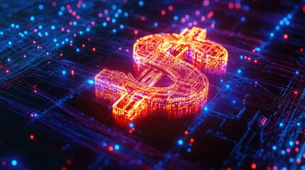 Poster - A neon glowing dollar sign with interconnected lines and blue dots on a dark background, representing the fusion of finance and digital technology
