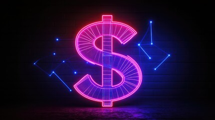 Poster - A neon glowing dollar sign with interconnected lines and blue dots on a dark background, representing the fusion of finance and digital technology