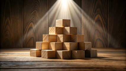 Aufkleber - Illuminated Wooden Cubes Arranged in a Pyramid on a Rustic Table