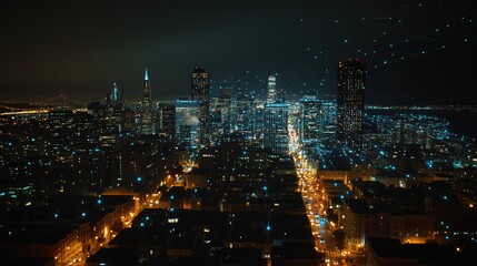 Aufkleber - A network of glowing connections overlaying the San Francisco city skyline at night, representing the modern digital world and technological advancements