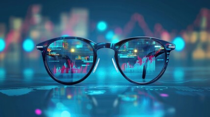 Poster - A pair of glasses with financial charts and graphs projected onto them, set against a blue background, symbolizing the future of finance and tech
