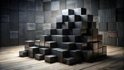 Aufkleber - Dark Wooden Blocks Arranged in a Pyramid Shape on a Wooden Floor Against a Wood Panel Wall