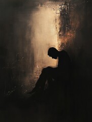 Poster - Person in shadow reflects on emotional struggles amid abstract turmoil in a dimly lit space. Generative AI