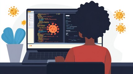 Poster - A person in front of a laptop, with virus alerts and cybersecurity coding errors on the screen, highlighting the importance of digital security measures
