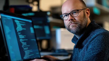 Poster - A person with a laptop displaying coding errors and a virus alert on the screen, symbolizing cybersecurity risks and challenges in the digital age