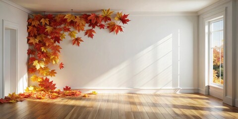 Poster - Autumnal Leaves Adorn a Sunlit Room's Corner, Creating a Serene and Warm Atmosphere