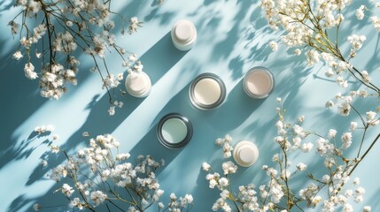 Poster - A professional mockup with blank cosmetic jars and tubes arranged on a serene blue background, ideal for beauty and skincare branding.