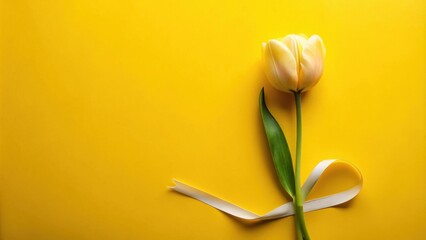 Poster - Single pale yellow tulip with a white ribbon on a yellow background