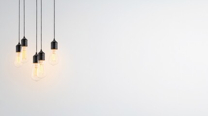 Poster - A row of hanging light bulbs symbolizing creativity and innovation in business, set against a minimalist white background.